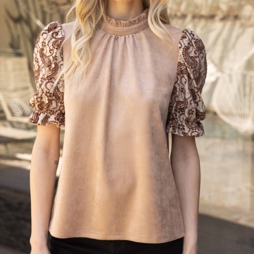 VOY TAUPE SUEDE TOP WITH EMBROIDERED LEAVES & TIE BACK NECK